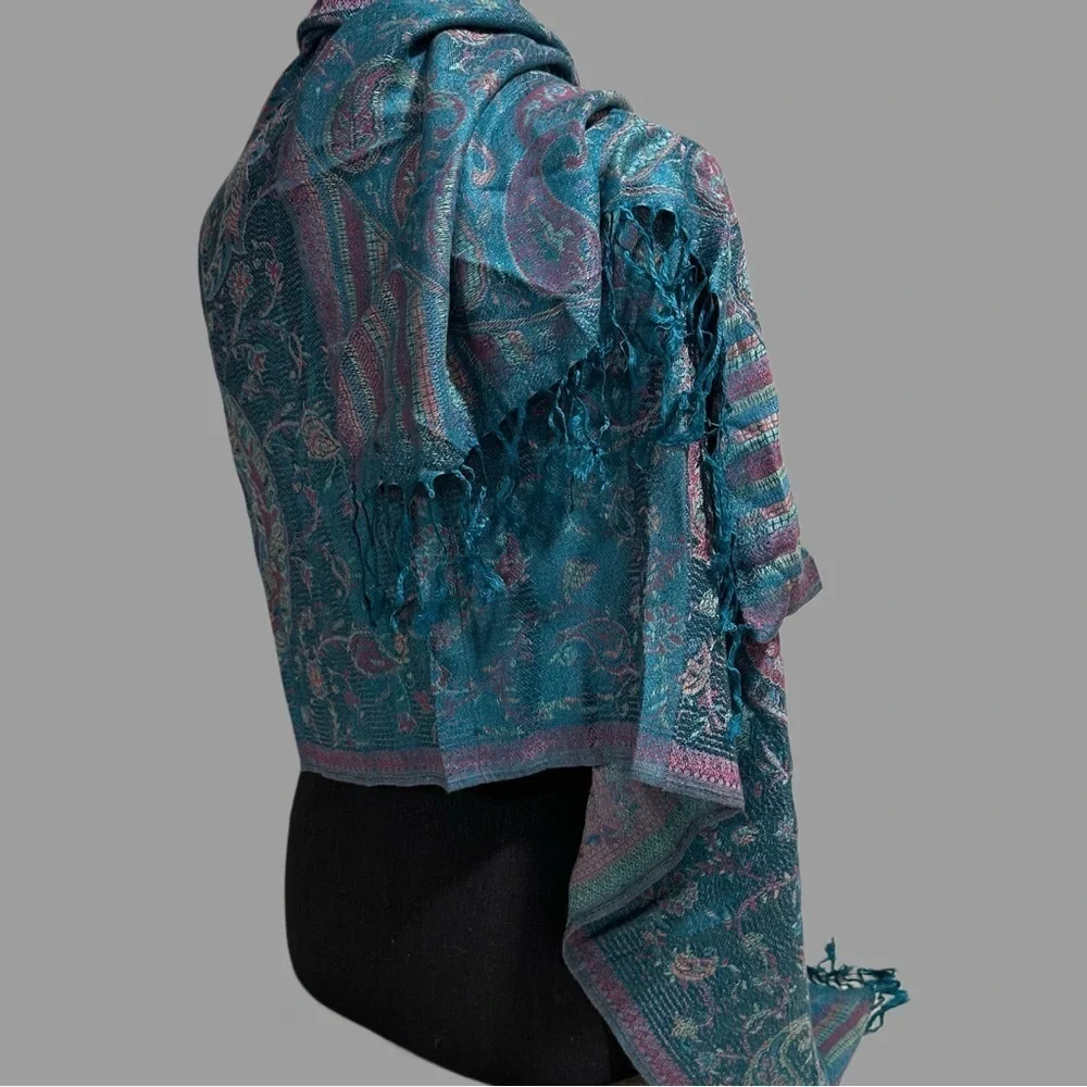 Elegant Shawl in Metallic Green Paisley-Versatile Wrap, Scarf, Veil, Soft Cozy